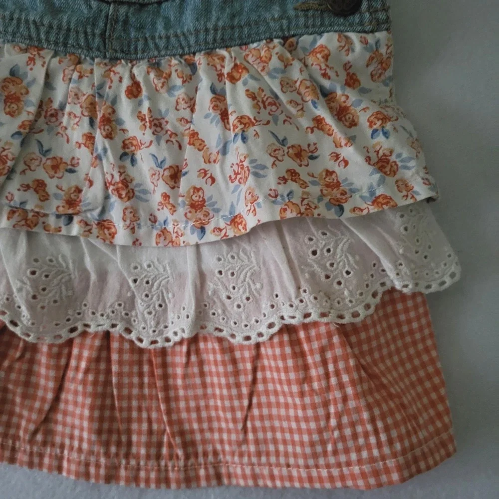 Oshkosh Girls 18M Overall Vestbak Dress Tiered Floral Eyelet Gingham‎ Denim Jean